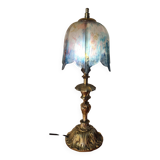 Antique art nouveau bronze lamp with tinted glass shade, 43x16