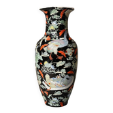Grand vase chinois en porcelaine à décor d’oies et lotus fond noir - XXème