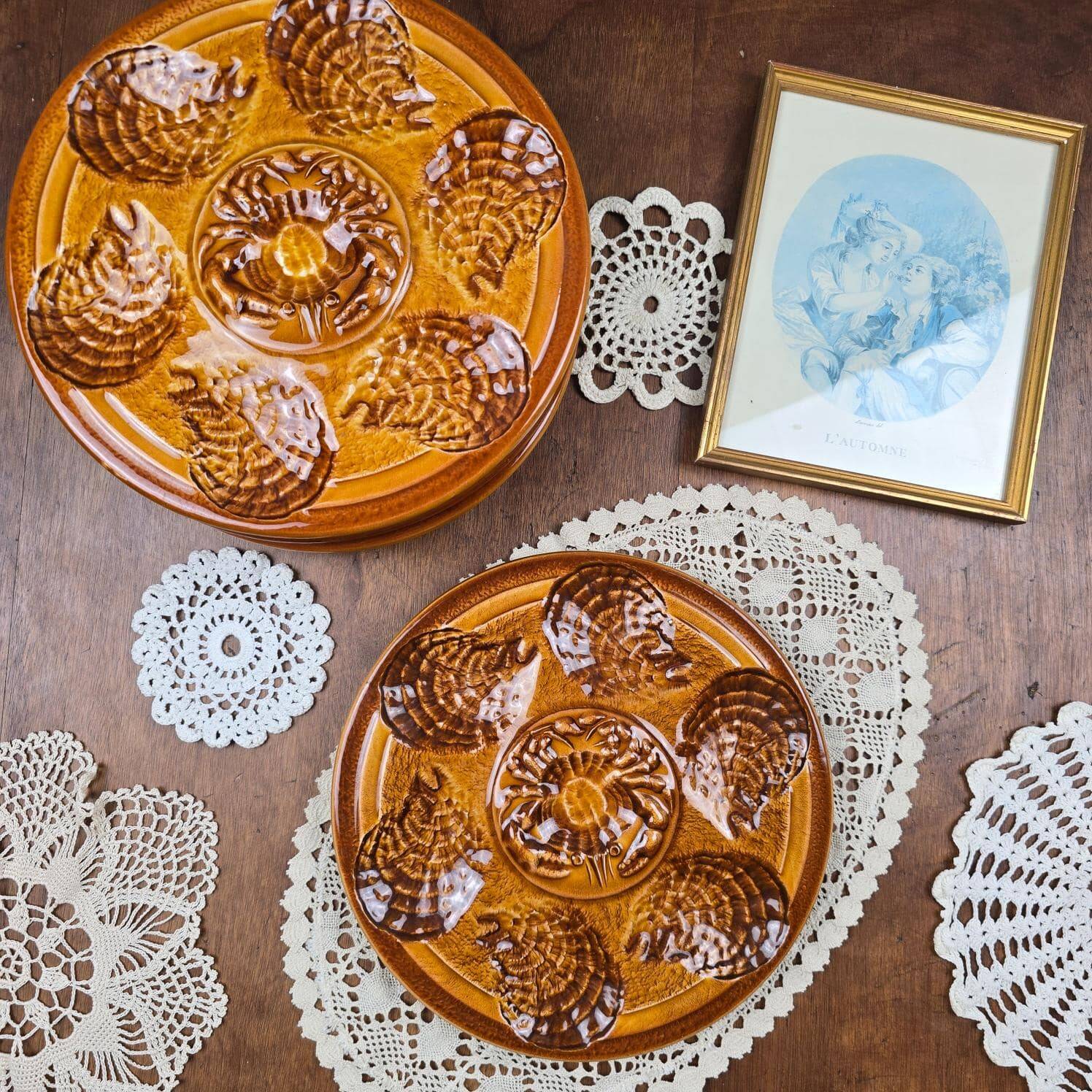 Set of 6 oyster plates – Sarreguemines – brown decor