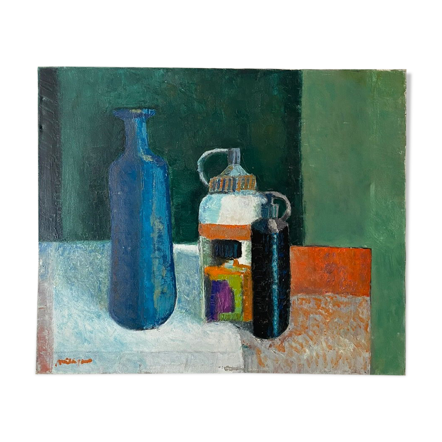 Old painting, still life with bottles signed Milliquet (1896-1982)