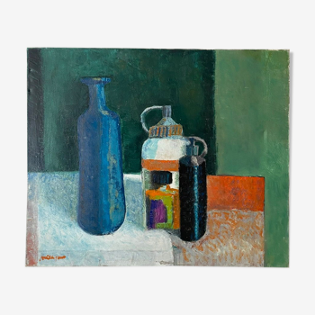 Old painting, still life with bottles signed Milliquet (1896-1982)