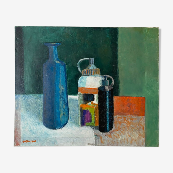 Tableau ancien, nature morte aux bouteilles signée Milliquet (1896-1982)