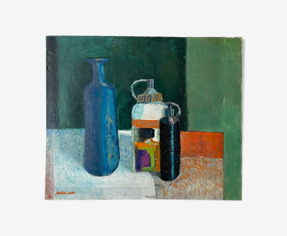 Tableau ancien, nature morte aux bouteilles signée Milliquet (1896-1982)