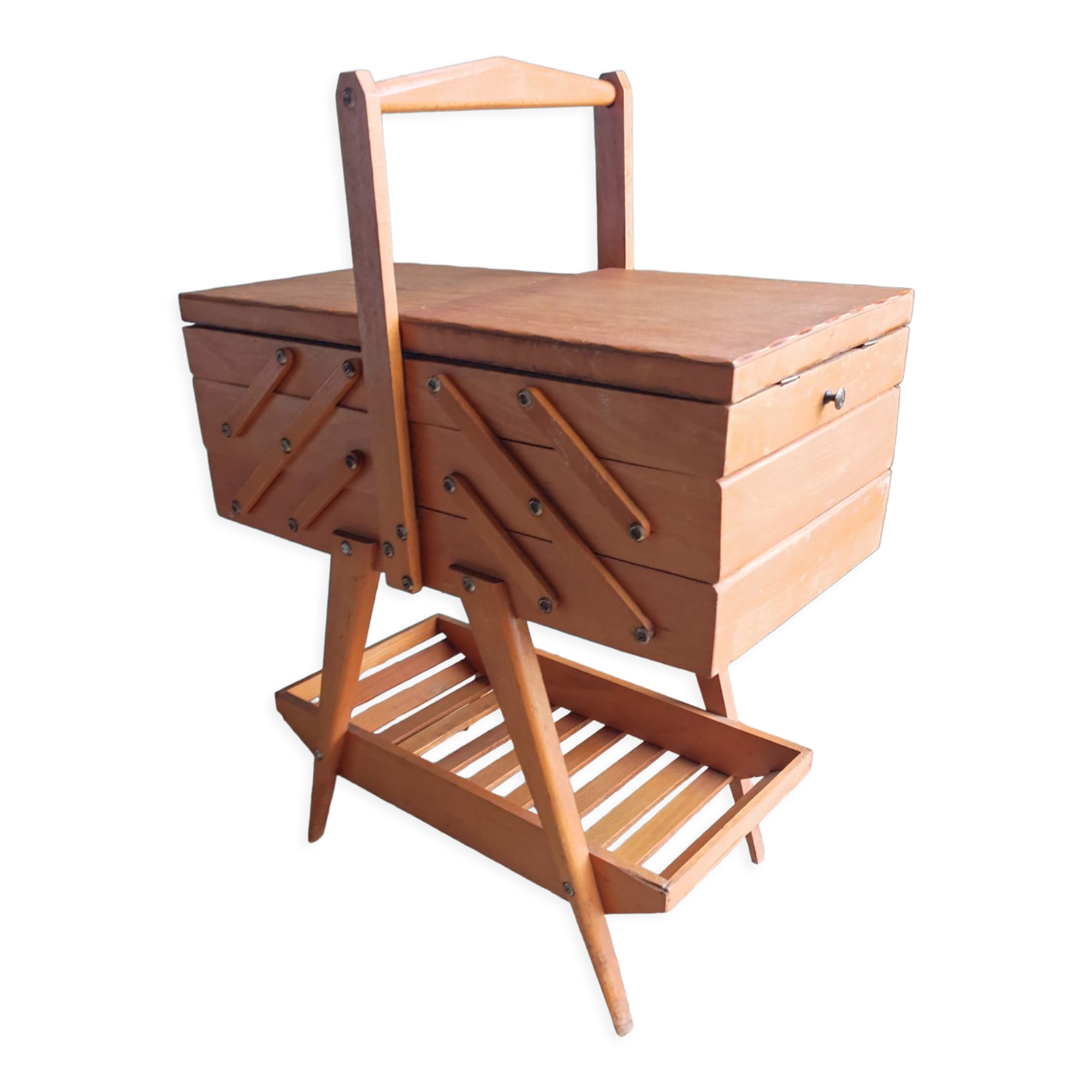 Sewing box worker wood feet compass vintage Scandinavian design