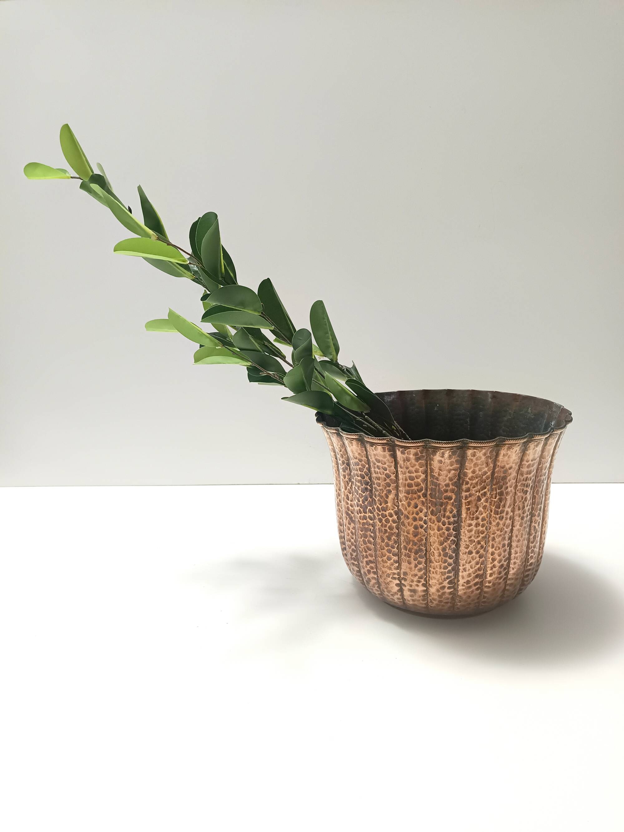 Round Embossed Copper Cachepot / Vase in the style of Egidio Casagrande