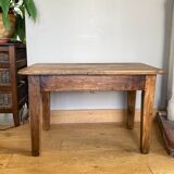 Old coffee table in solid oak and walnut from the 19th century, one belt drawer