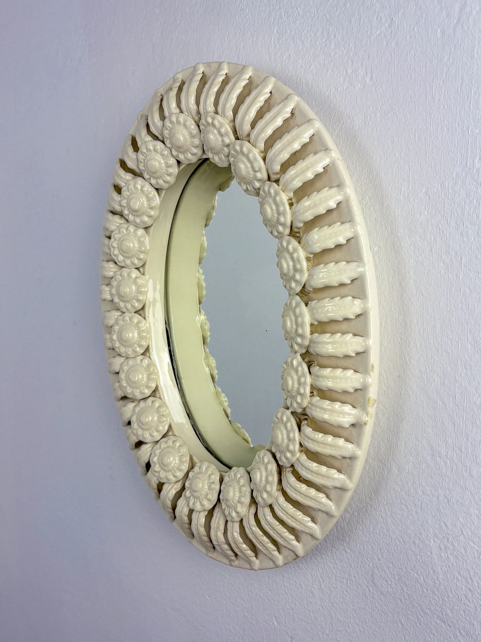 Spanish floral ceramic mirror from Manises, Spain, circa 1970s