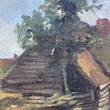 Paysage alpin avec village de montagne, Début du XXe siècle, Huile sur carton, Encadré