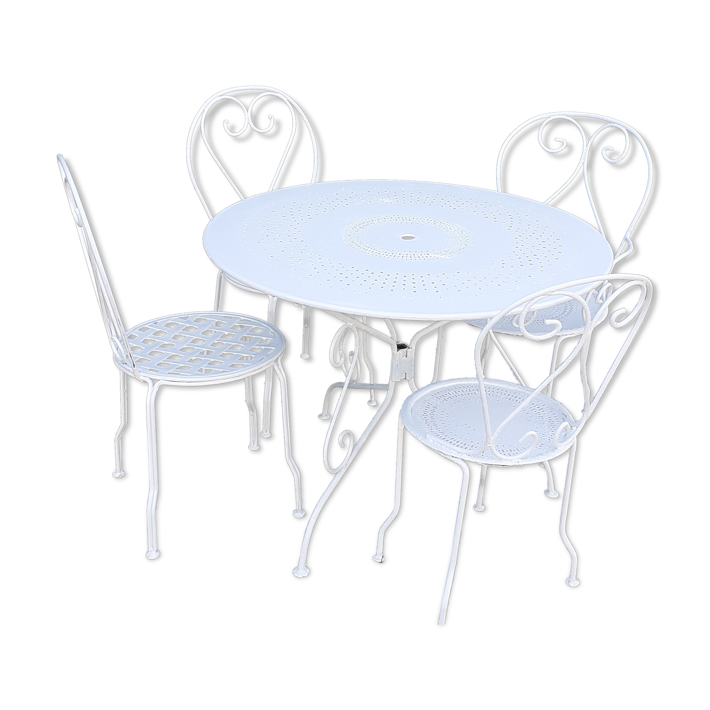 Salon de jardin 1 table 3 chaises 1 fauteuil fer forgé blanc ancien