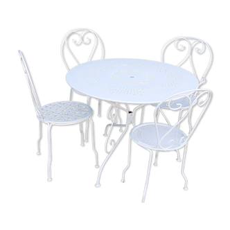 Salon de jardin 1 table 3 chaises 1 fauteuil fer forgé blanc ancien