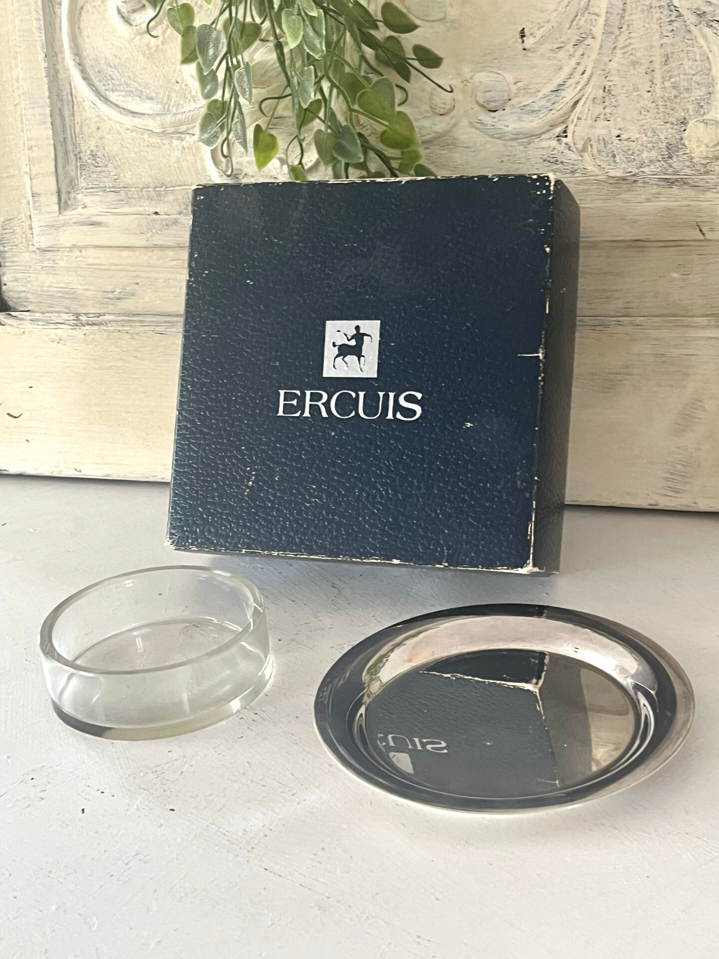 Silver plated butter dish with crystal insert by Ercuis, original box
