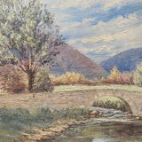 Tableau HST "Paysage vallonné à la rivière" signé (à déchiffrer)