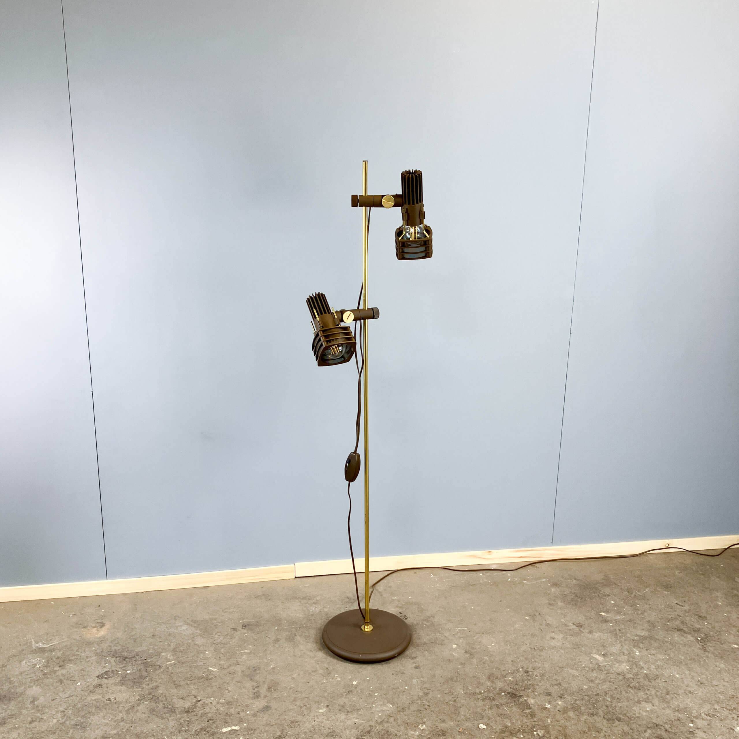 2-bulb floor lamp by Hustadt Leuchten, plastic spotlights on a brass pole, 1970s