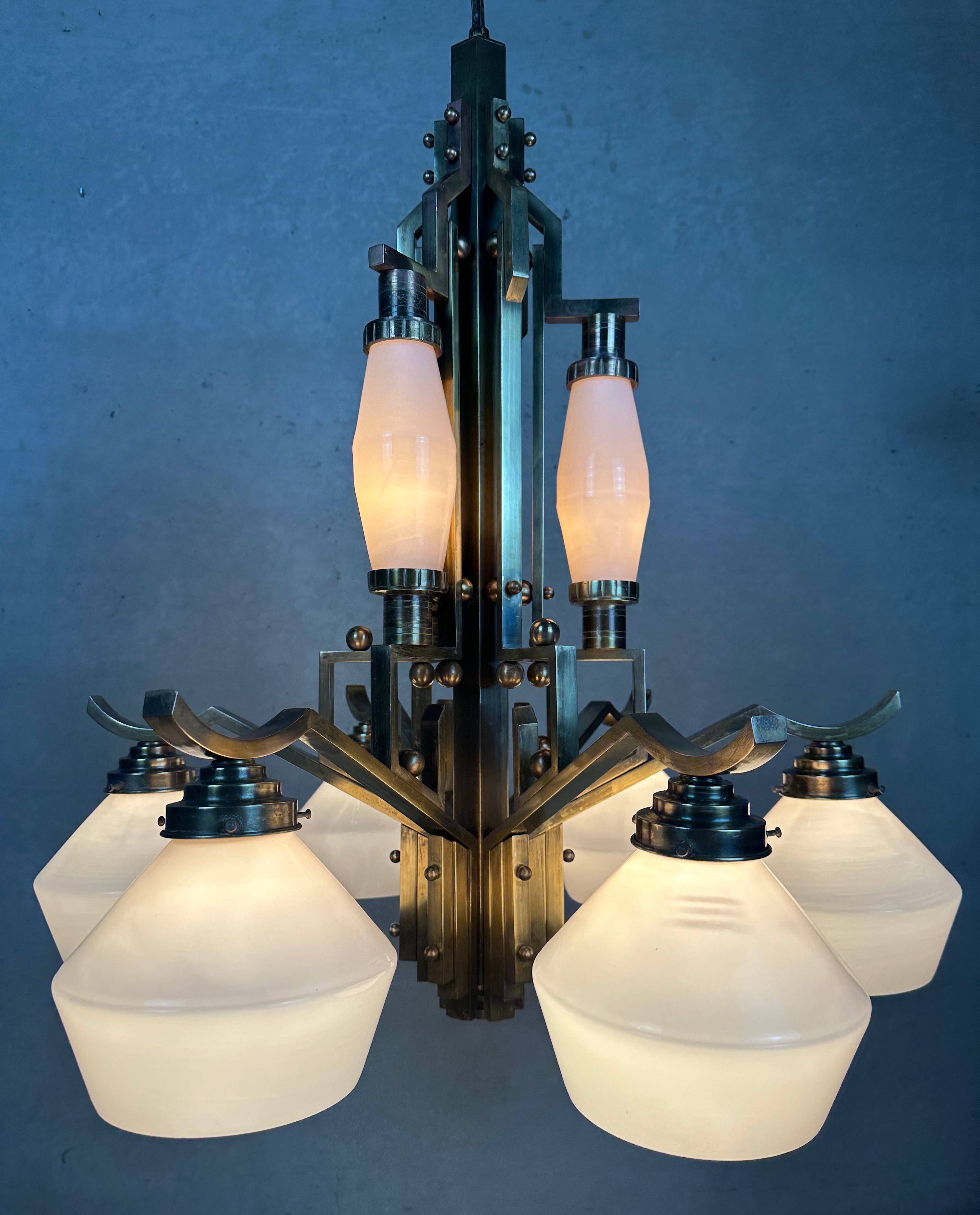 Art deco chandelier – opaline and brass