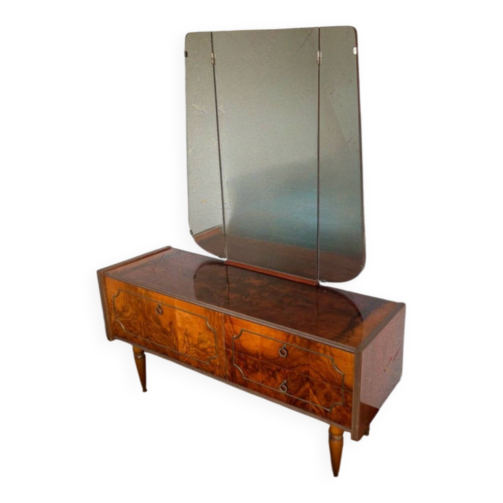 Coiffeuse ronce de noyer, triple miroir & laiton -Regency/ Art Déco