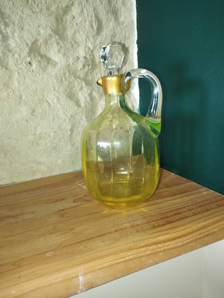 Vintage carafe in fluorine, signed 1930s–40s.