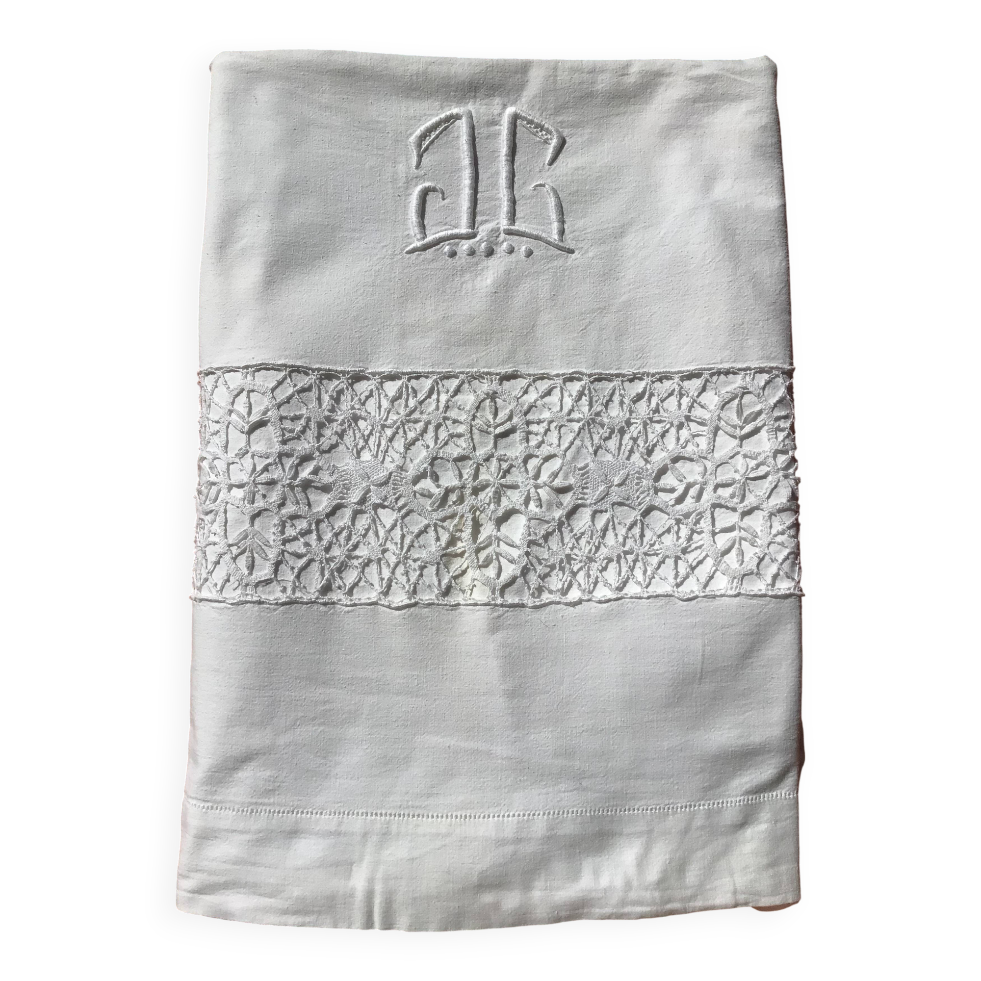 JC embroidered single sheet with crocheted lace