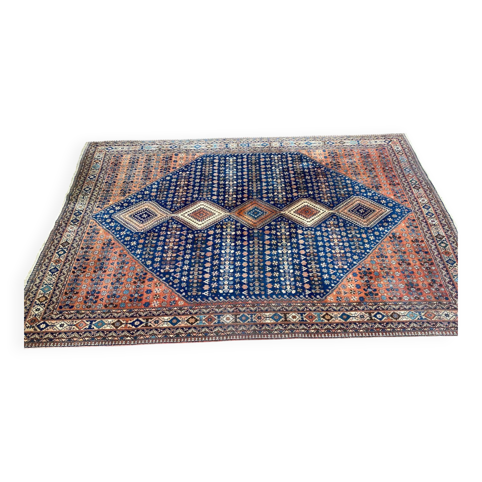 Handmade Yalameh Persian rug 200x300 indigo blue terracotta
