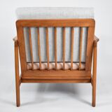 Fauteuil original restauré des années 60, modèle Baczyk, rose poudré et gris, teck