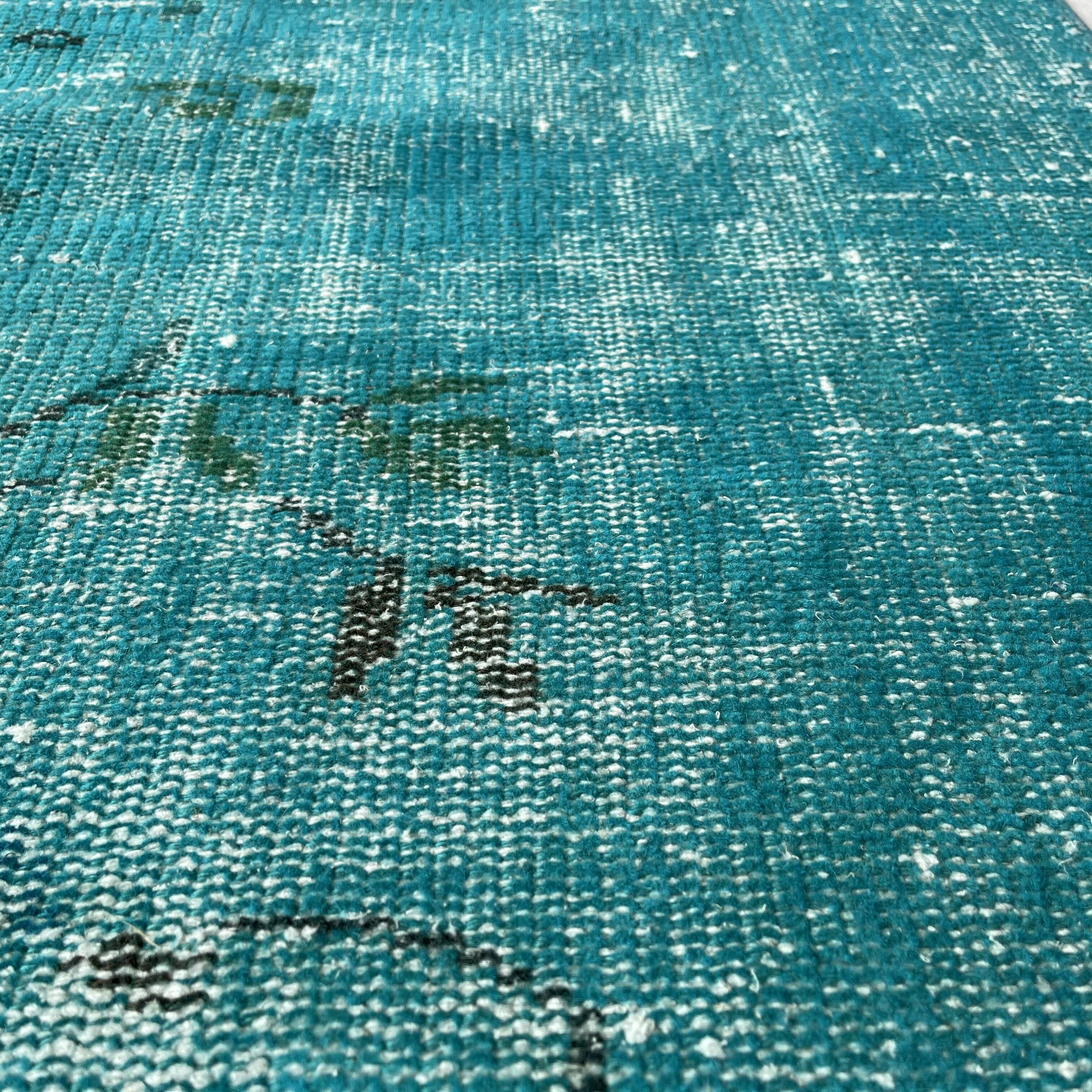 Distressed Turkish Narrow Runner 304 x 76 cm Wool Vintage rug, Overdyed Turquoise