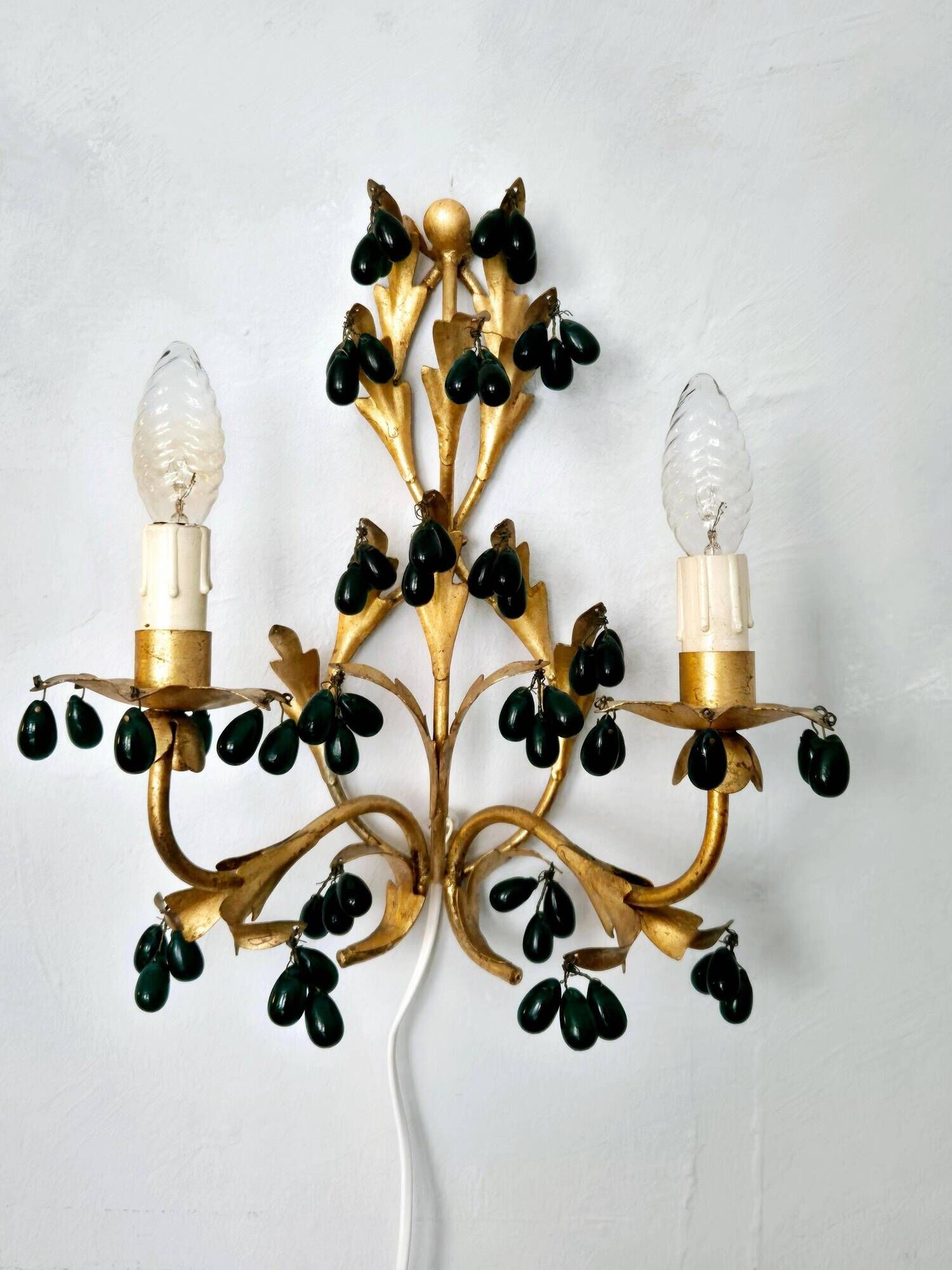 Lights, gold metal with green glass drops, Italy mid-1900s Regency.