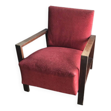 Set de 2 fauteuils Art Déco en bois et tissu bordeaux/marron - années 1940