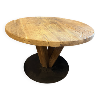 Table ronde en chene massif ancien plateau epais