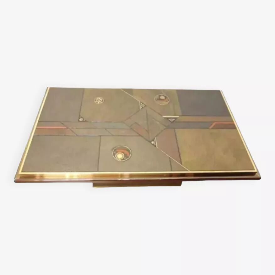 70s Brutalist Coffee Table in Brass, Bronze and Stone