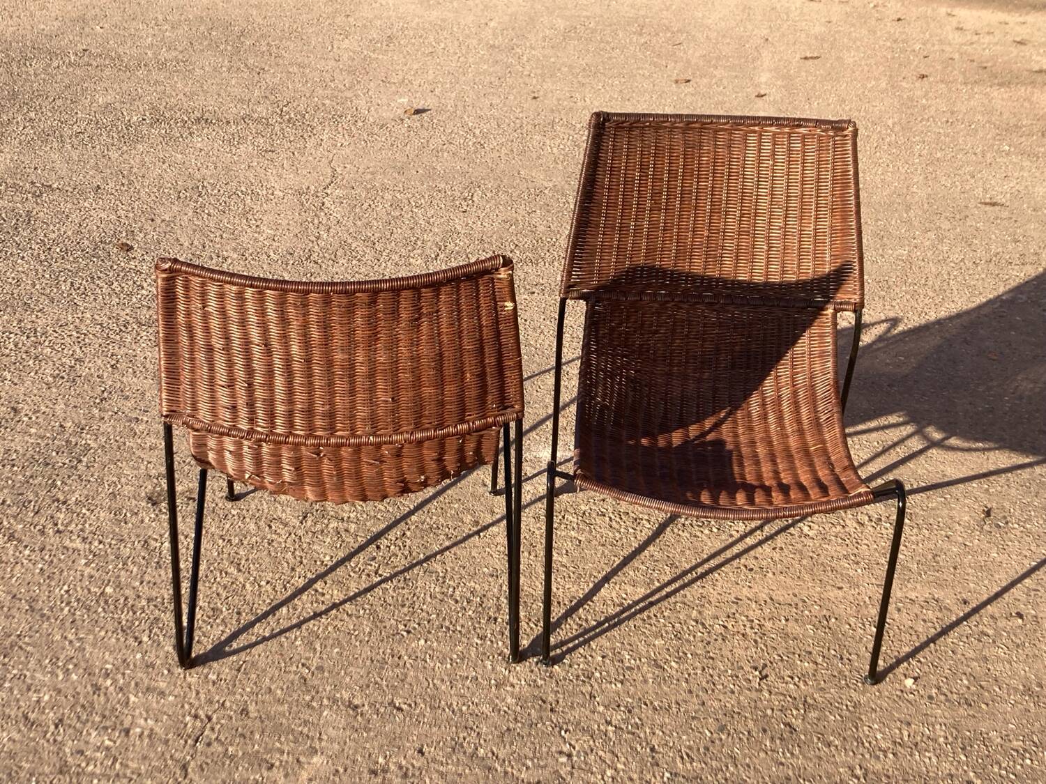 Pair of rattan and steel armchairs