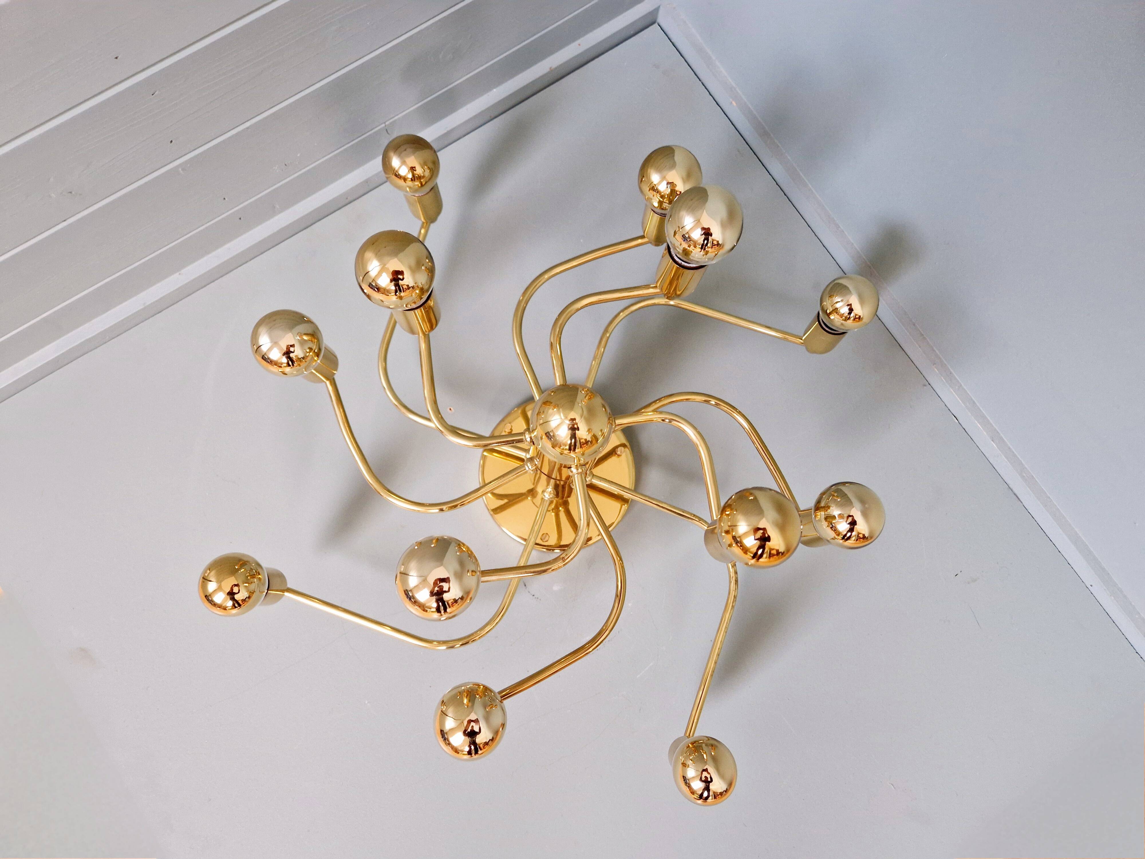 Large designer brass ceiling light, 70s