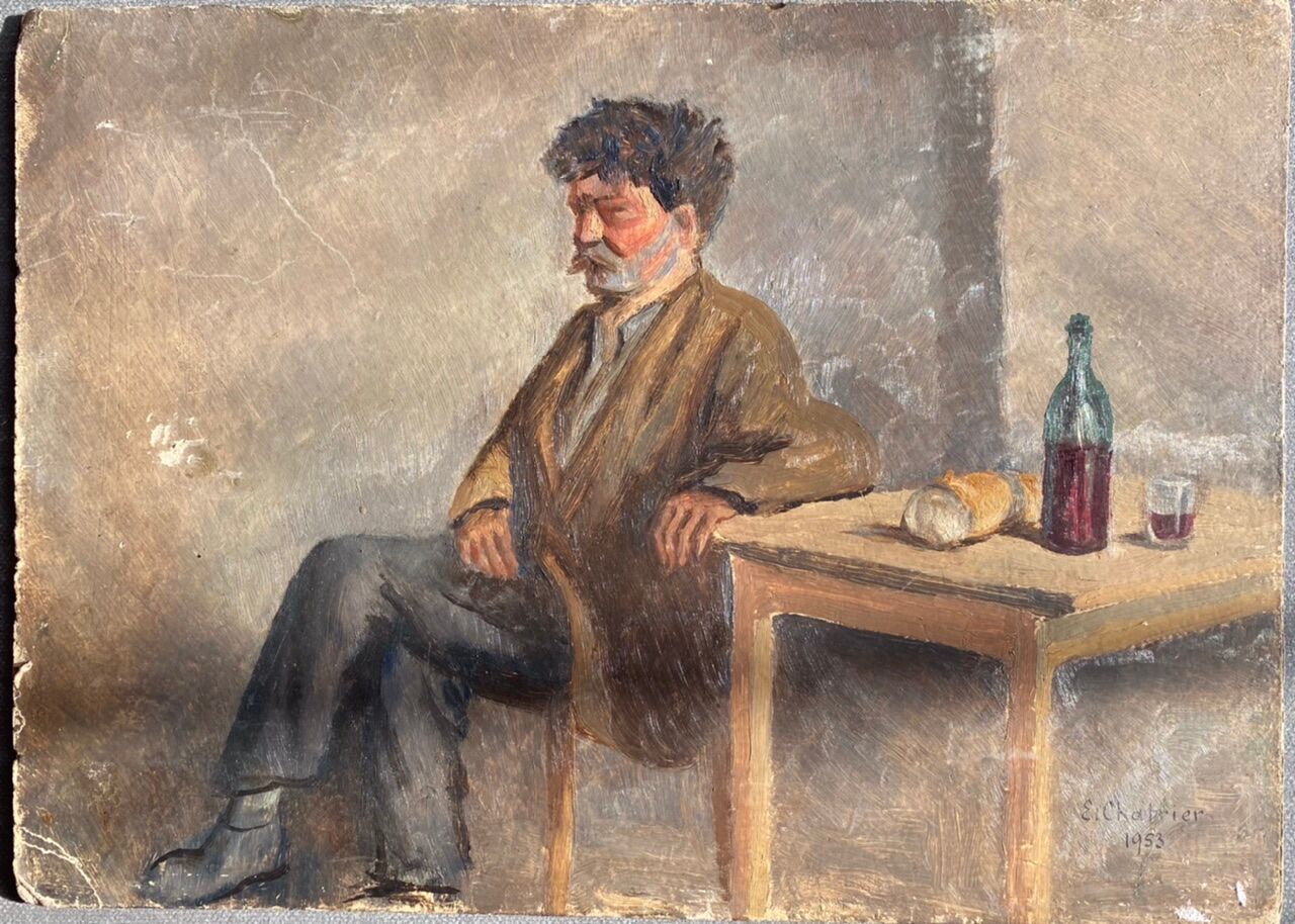 Old painting, portrait of a peasant, signed Étienne Chabrier, dated 1953