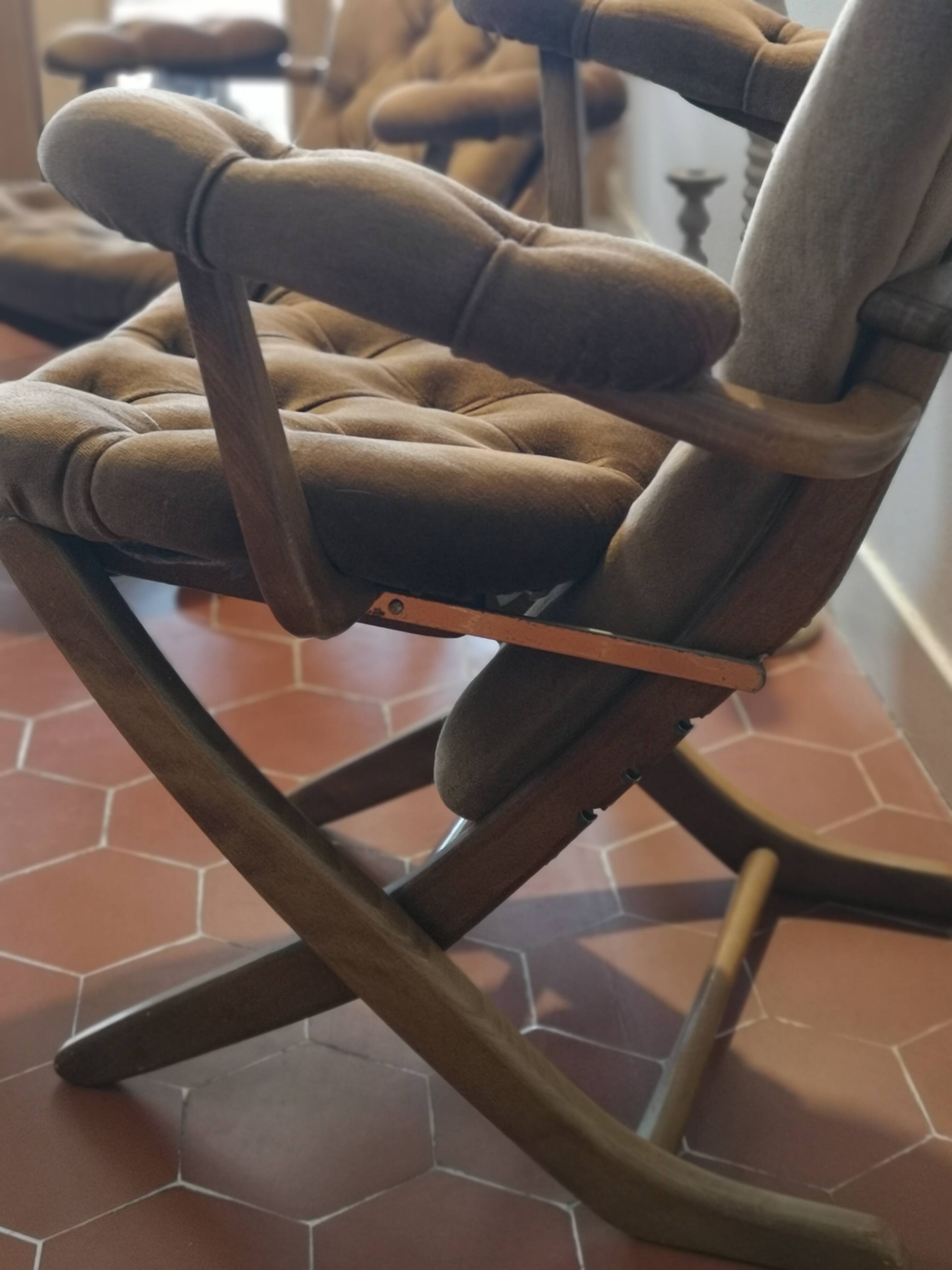Pair of velvet folding chairs and an ottoman 1950