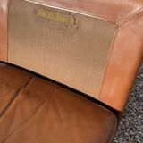 2 armchairs and 1 ottoman in brushed aluminium and brown leather, France 1970