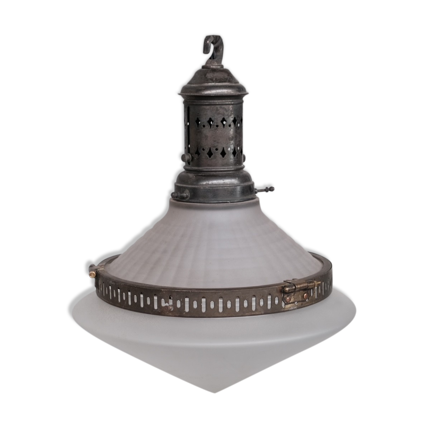 French conical glass and brass antique pendant light