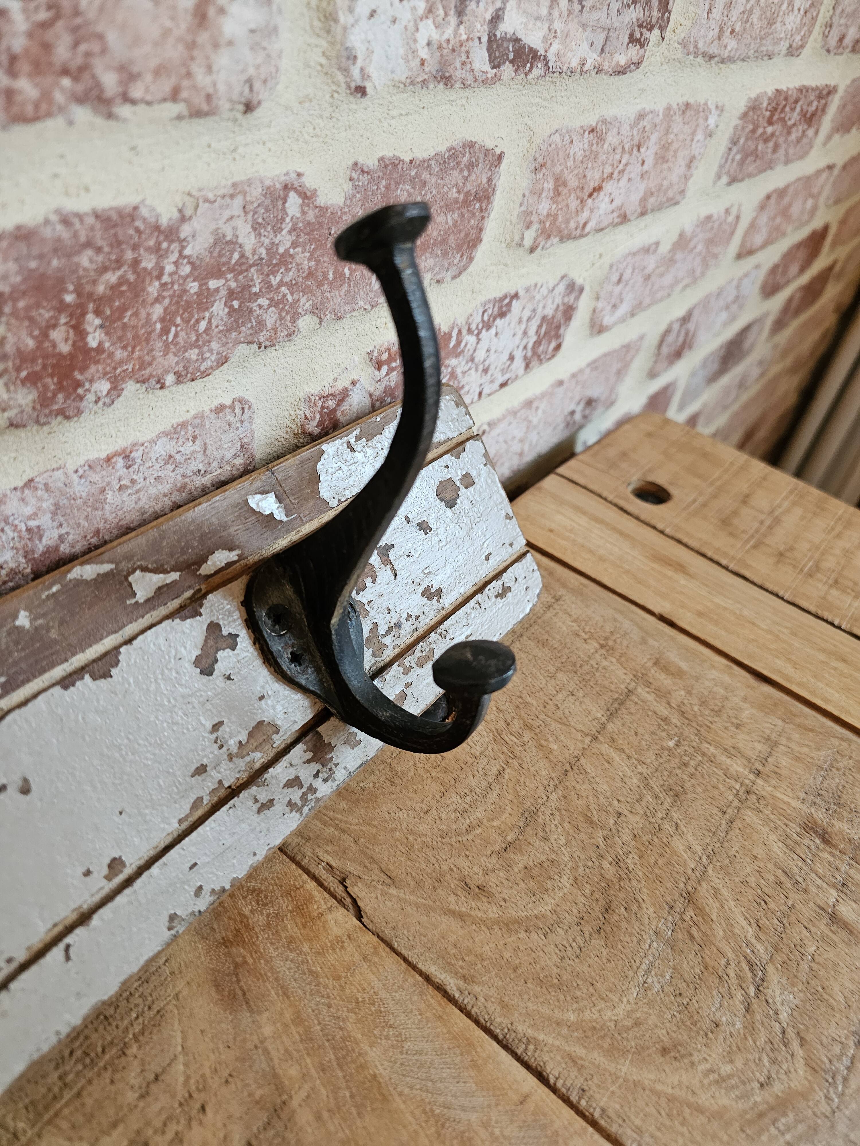 Solid teak coat hook with 4 double cast iron hooks