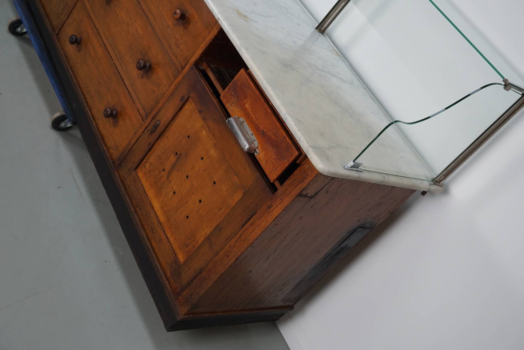 Large Antique Art Deco German Oak & Marble Chocolate Shop Counter, 1920s