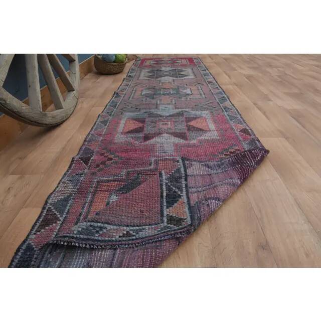 1970s Vintage Turkish Handmade Wool & Cotton Purple Runner Rug 91X359