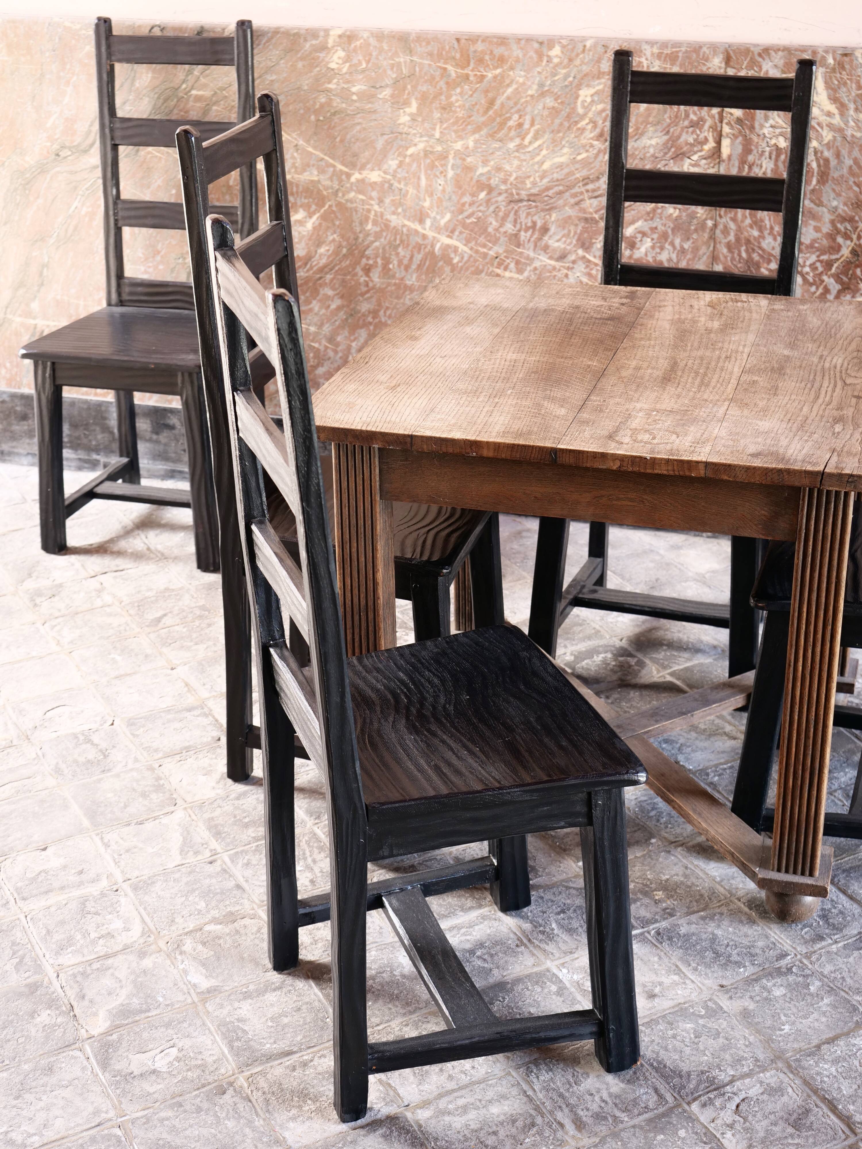 Set of 6 black brutalist chairs in solid oak
