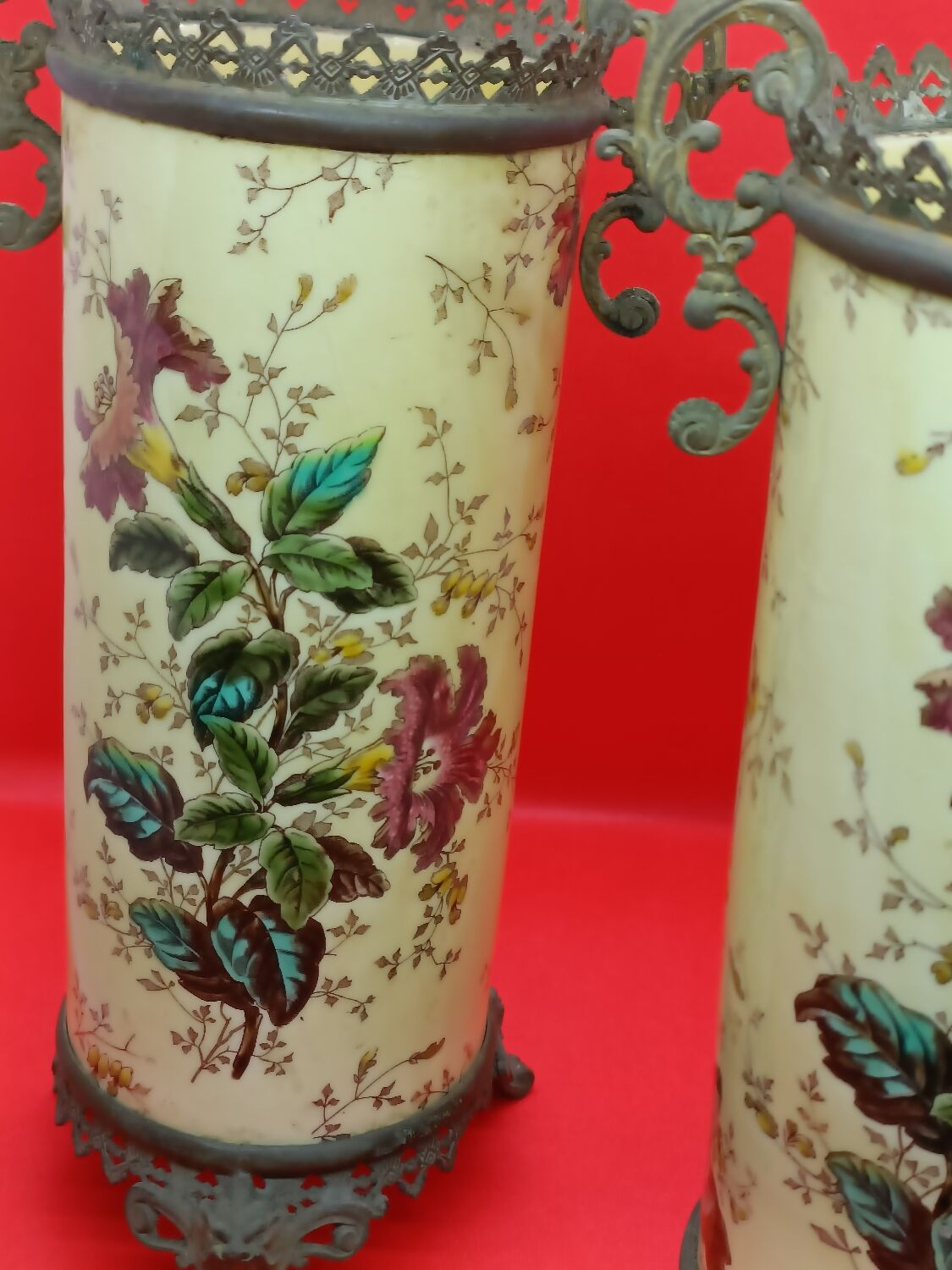 Pair of vases, bronze frame, Lunéville earthenware