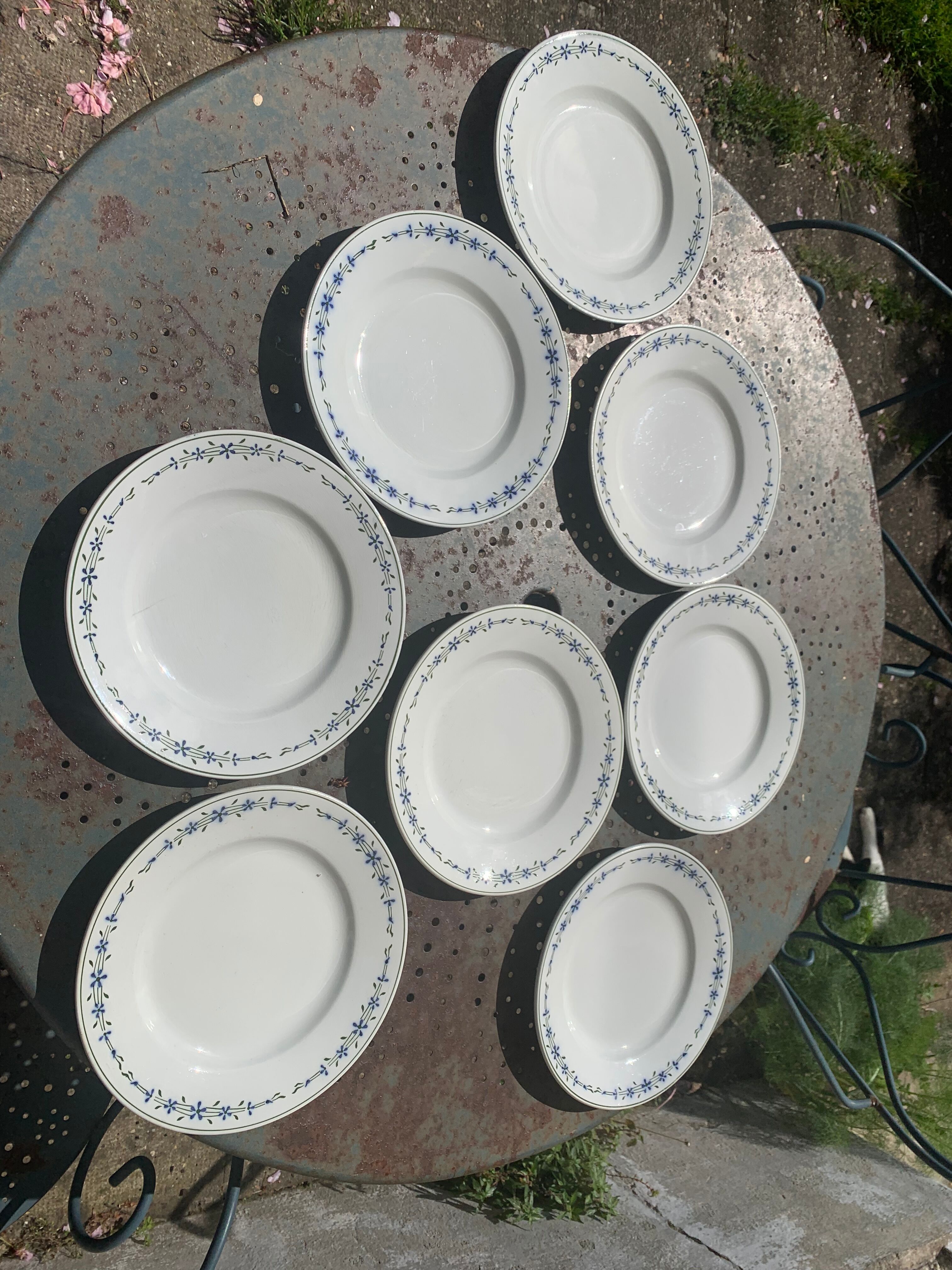 8 flat plates with blue flower pattern earthenware niderviller moselle france art deco