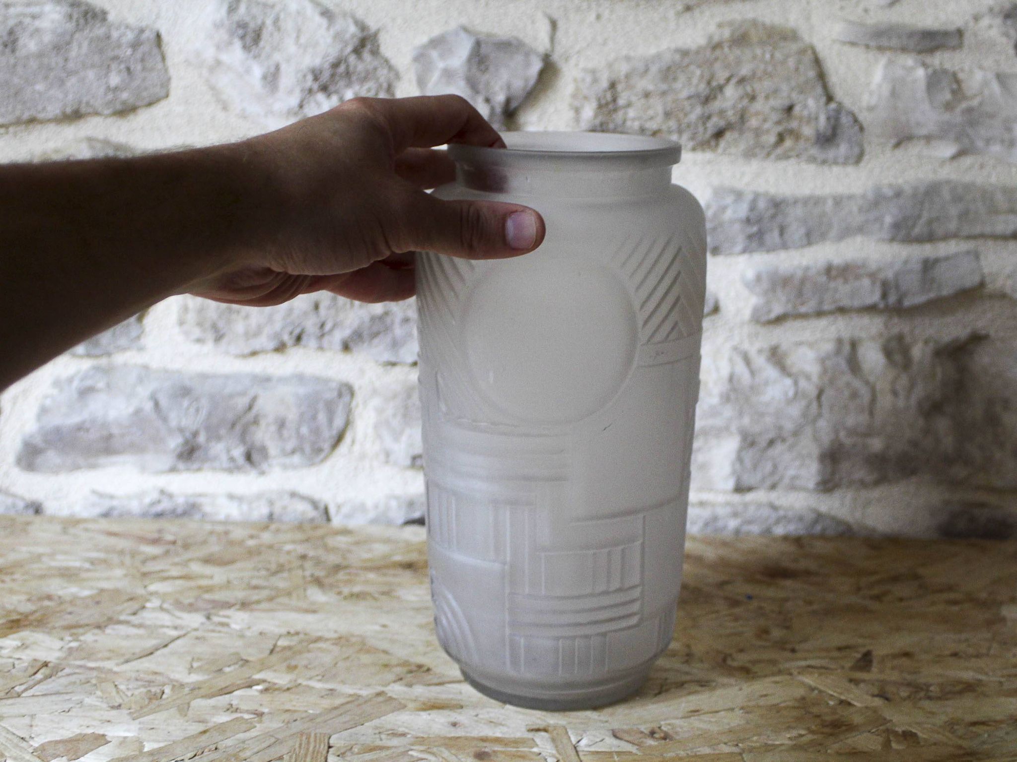 Molded pressed glass vase with geometric decoration Verrerie Legras