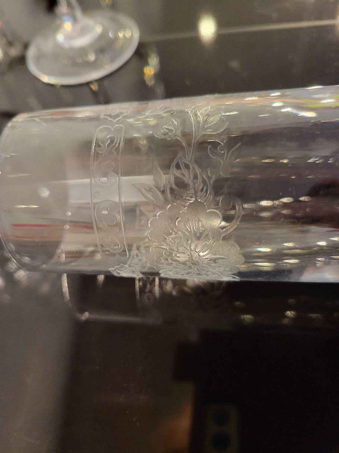 6 engraved crystal champagne flutes (floral) 1920