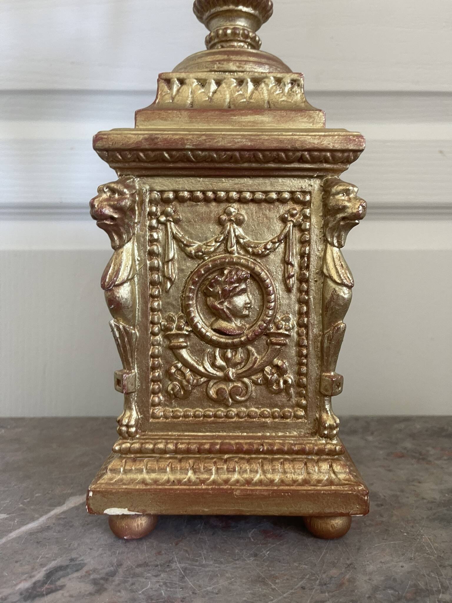 Antique Large Cassolette Lamp Empire Greek Roman Gilded Wood 19th Century 60