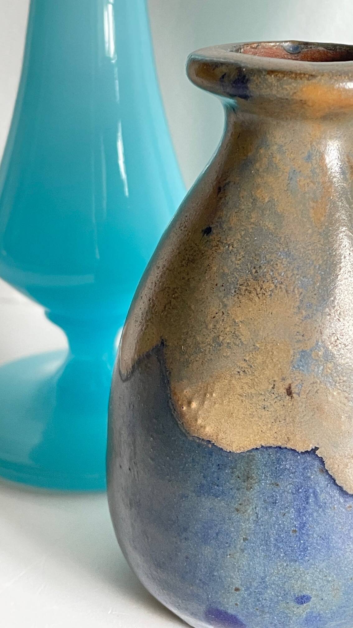 3 VASES Bleu Océan Grès et Verre OPALIN Vintage