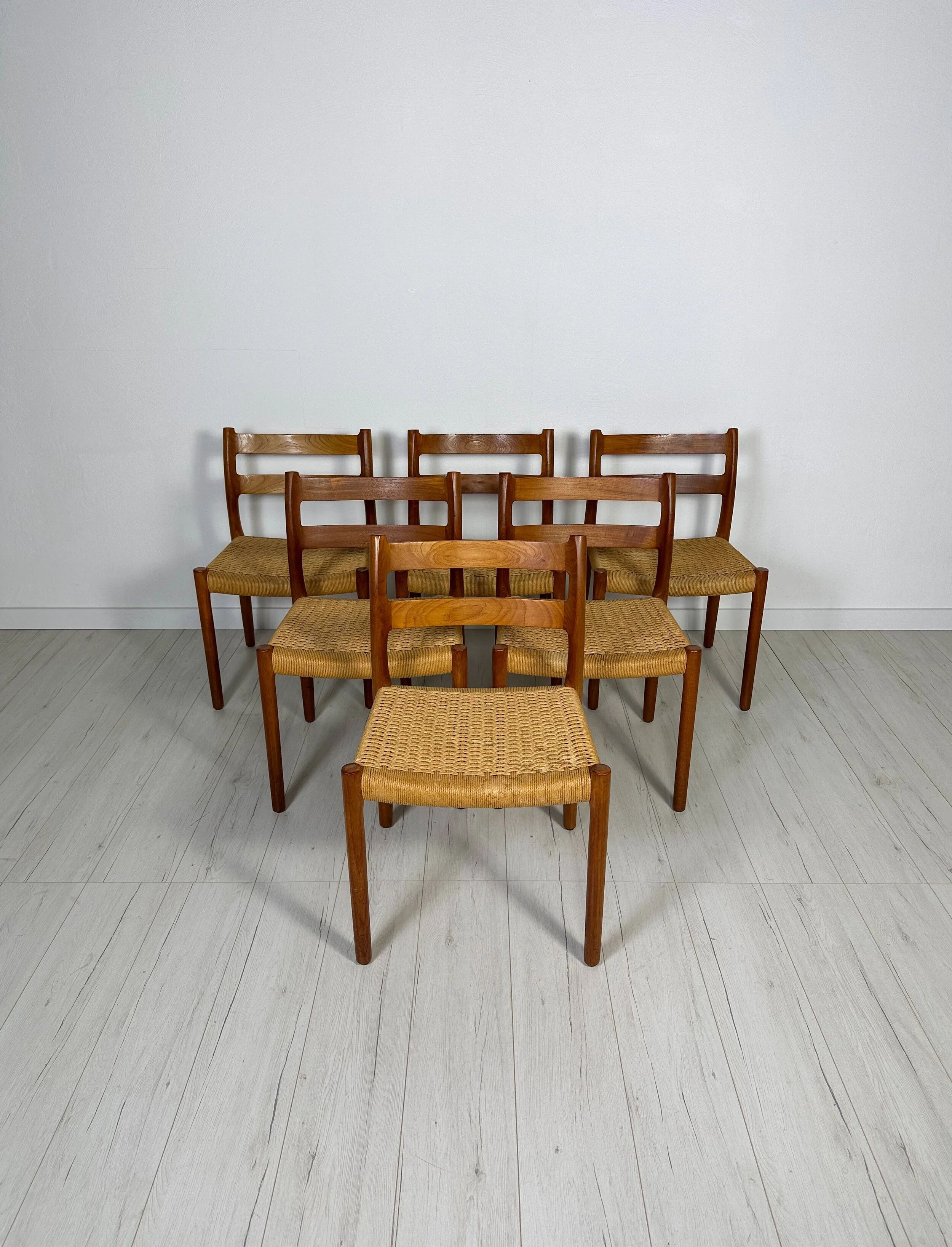 1960s Set of 6 Danish Teak Papercord Dining Chairs Model 84 by Niels Møller
