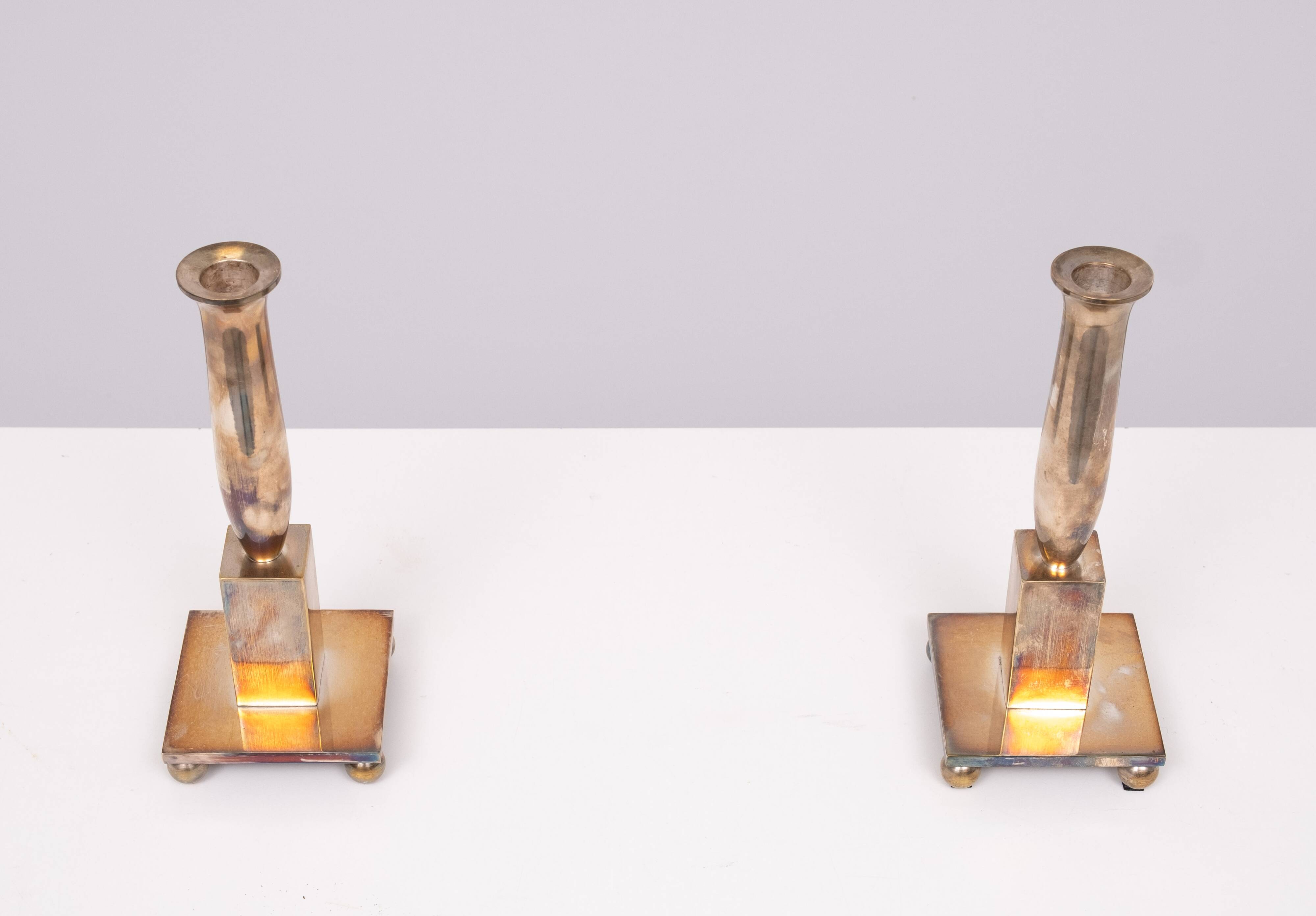Modernistic silver plated bronze candle sticks Early 20th Century