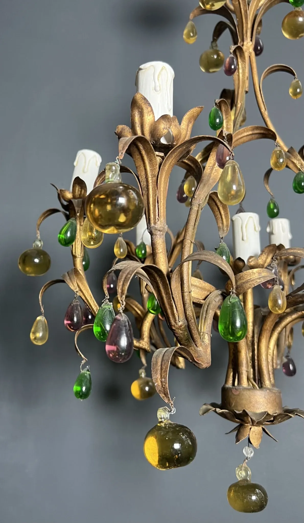 Golden Metal Cage with Leaf and Multi-Coloured Glass Fruit Decoration