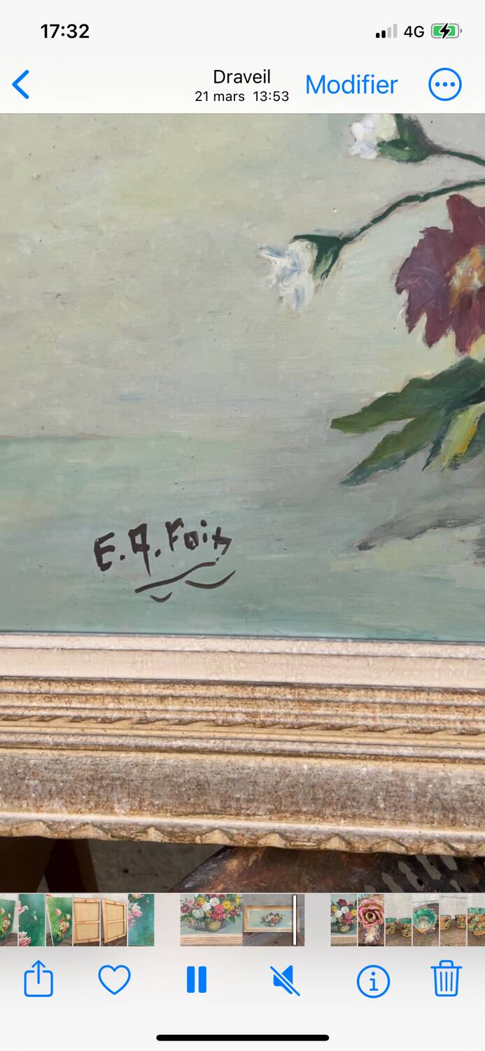 Large vintage painting of a bouquet of flowers signed EA Foix