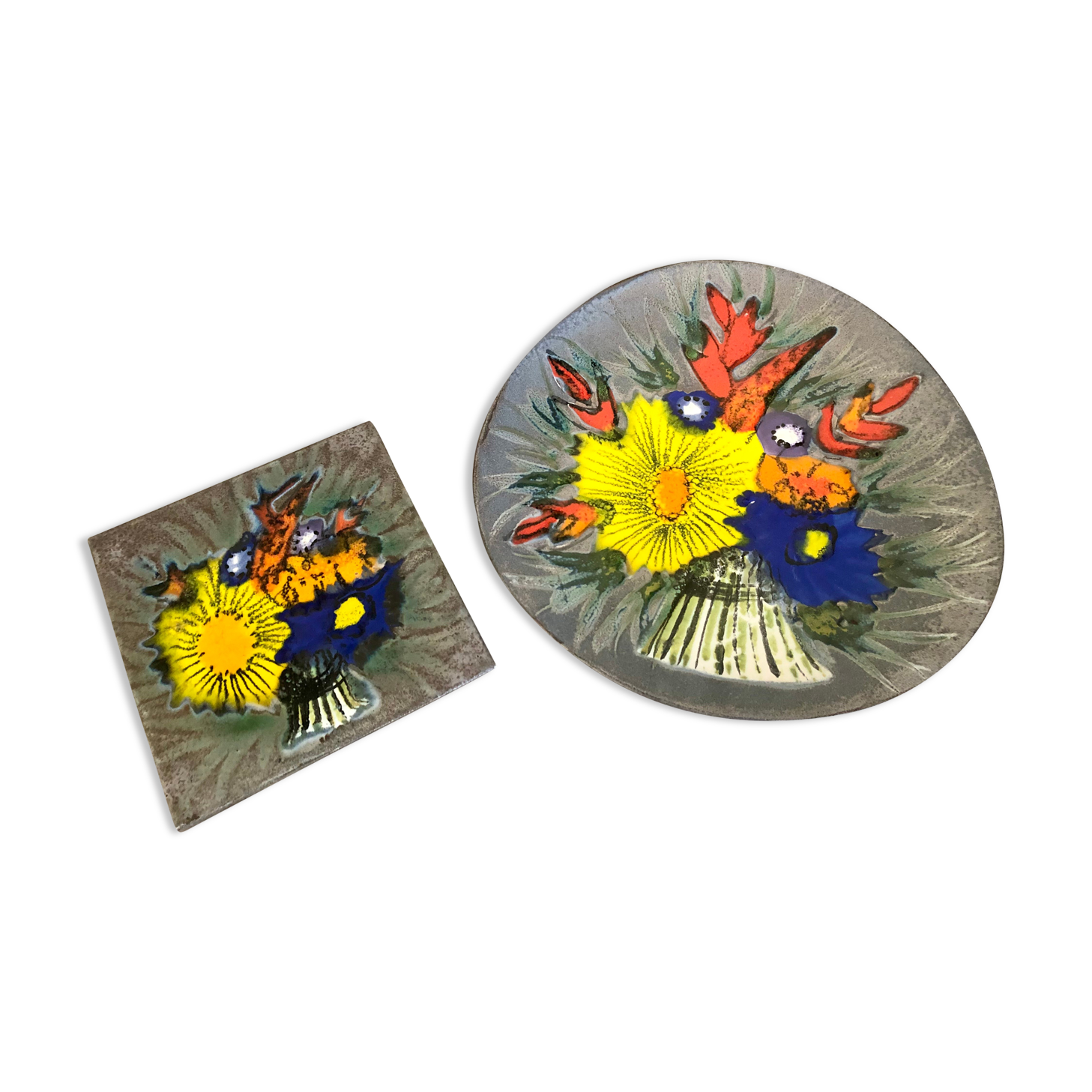 Matching biscuit earthenware dish and tile