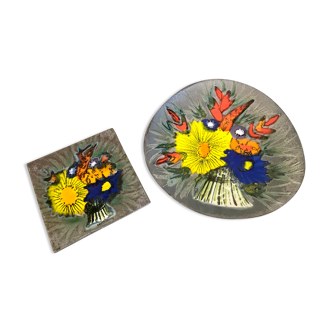 Matching biscuit earthenware dish and tile